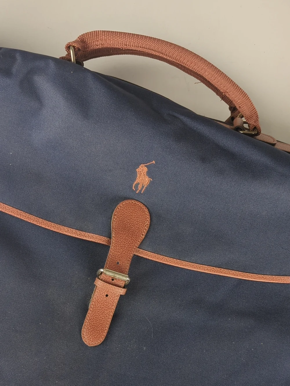 POLO RALPH LAUREN Navy Blue Canvas Duffel Bag with Brown Trim